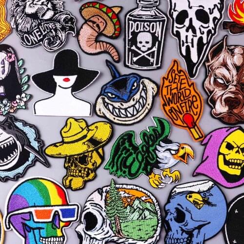 Skull Stripes Patch Punk Embroidered Patches For Clothing Thermoadhesive Patches Iron On Patches On Clothes Animals Badges Diy