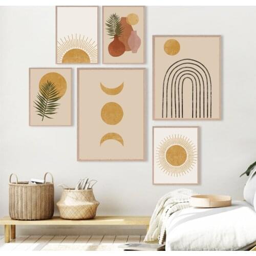 Boho Wall Art Canvas Painting Sun Moon Plants Prints Abstract Terracotta Gallery Wall Pictures Nordic Posters Living Room Decor
