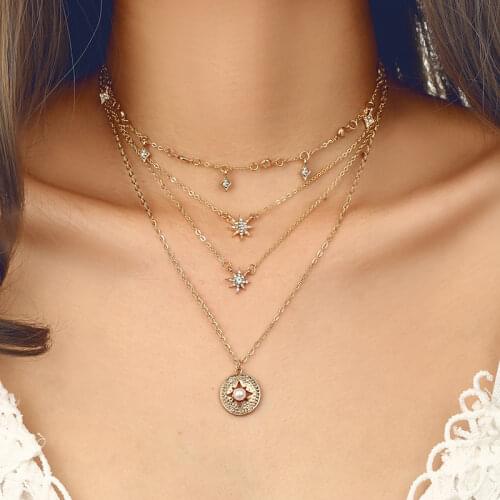 HuaTang Boho Multilayer Crystal Star Necklace for Women 4 Layer Gold Sun Clavicle Chains Necklaces Female Beach Collares Jewelry