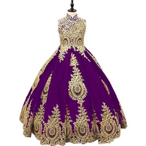 Purple Flower Girl Dress for Wedding Girls First Communion Dress Satin Princess Gown with Beading Sash Elegant Kids Dresses