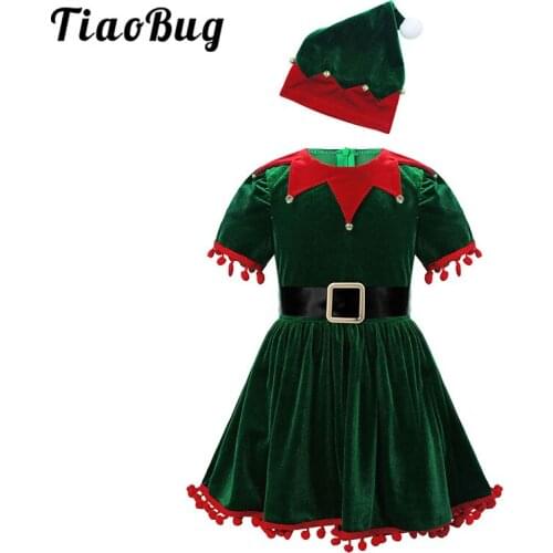 Baby Girls Christmas Elf Costume Kids Toddlers Santa Claus Cosplay Holiday Party Clothes Ruffled Sleeve Xmas Dress with Hat Belt