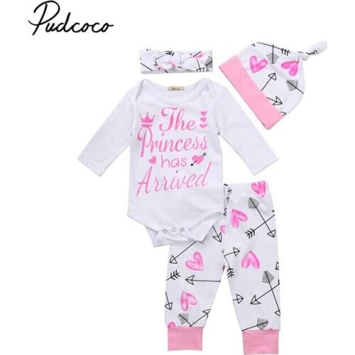 Lovely Infant Baby Letters Print Pink Outfits Newborn Baby Girl Rompers Jumpsuit+Long Pants Hats Clothes Set 4pcs 0-24M