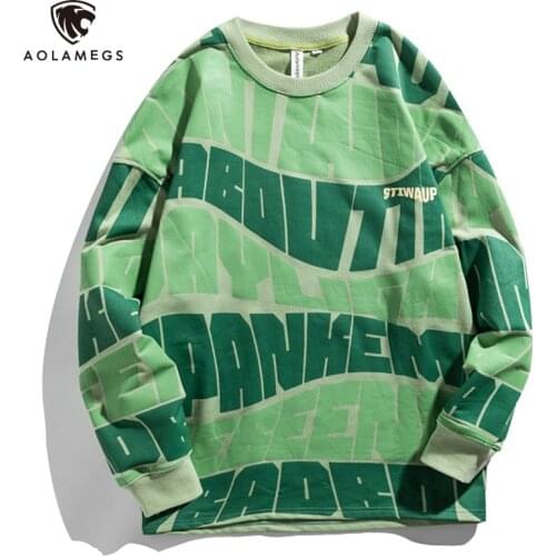 Aolamegs Pullover Sweatshirt Men Casual Long Sleeve Hoodies Patchwork Hit Color Printed Fashion High Street streetwear Autumn
