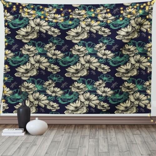 Romantic Garden Tapestry Flowers and Dragonflies Art Satin Fabric Wall Hanging for Bedroom Living Room Dorm Meeting Background