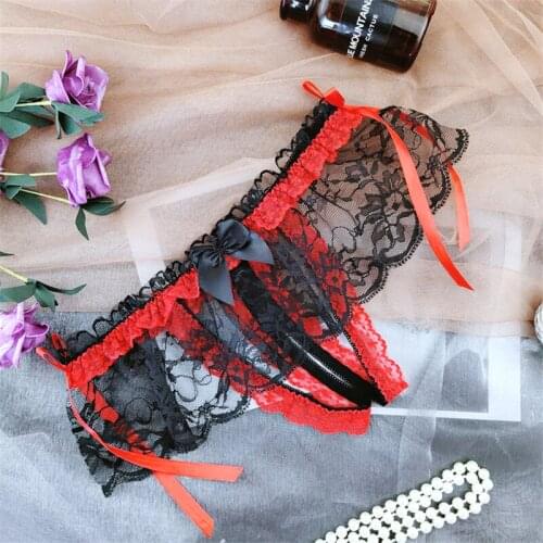 Sexy Lingerie Bow Crotchless Panties For Sex Nightwear Womens Erotic Underwear Lace Transparent Briefs Intimate Goods