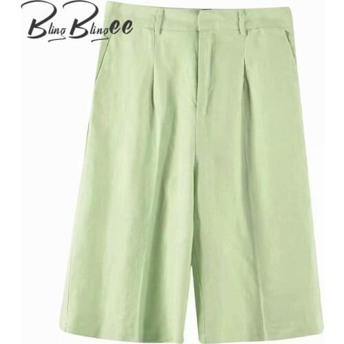 BlingBlingee 2021 Summer Autumn Folds Front High Waist Casual Women Shorts Female Thin Style Loose Straight Linen Shorts Green