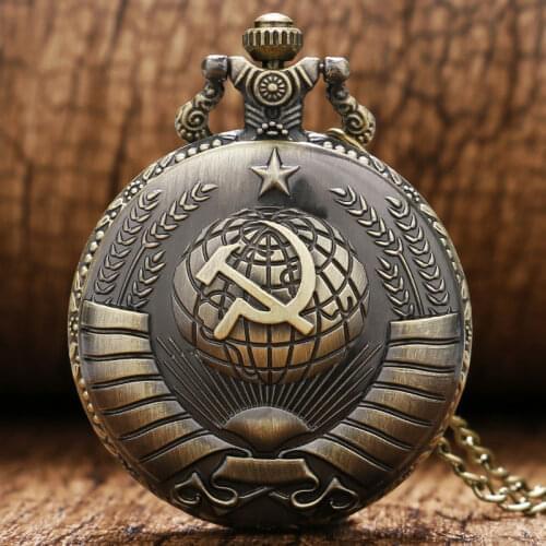 USSR Soviet Sickle Hammer Style Quartz Pocket Watch Necklace Bronze Pendant Clock CCCP Russia Emblem Communism Relogio De Bolso