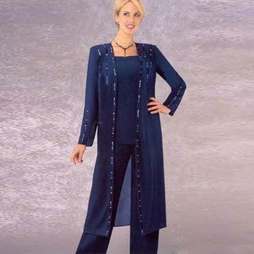 Dark Navy Three Pieces Mother Of The Bride Pant Suits Square Neck Long Sleeves Wedding Guest Dresses Chiffon Plus Size Beaded