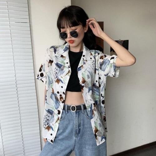 Stylish Graffiti Print Short Sleeves Button Women Loose Top Office Blouse Shirt Shirts Women Fashion Blouses Women Casual Tops