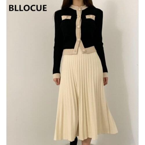 BLLOCUE New Autumn Winter Fashion Women Single Breasted Pearl Buttons Cardigan Sweater+High waist Pleated Skirt Suit 2Piece Set