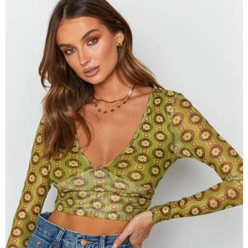 WomenS Crop Top Floral Print Deep V-Neck Long-Sleeved Halter Neck 2021 Summer Autumn Sexy Personality Fashion High Street Green