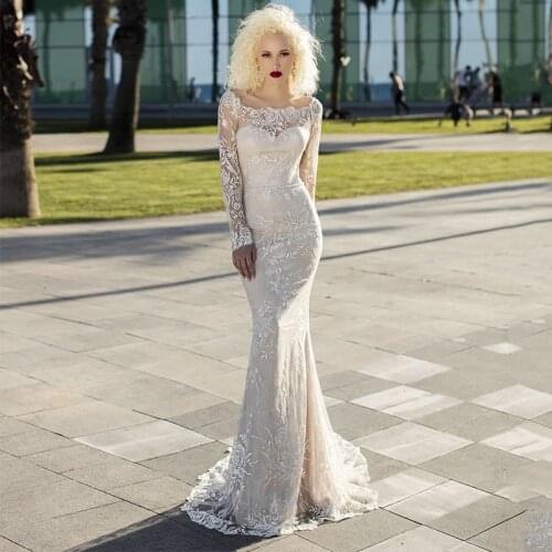 Elegant Lace Mermaid Wedding Dress 2021 High Quality Scoop Neck Sweep Train Appliques Long Sleeve Bridal Gowns