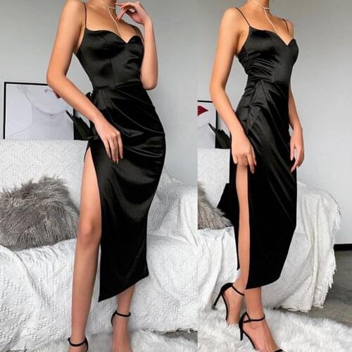 New Dress Summer Women Bodycon Sexy V Neck Sleeveless Spaghetti Strap Ruched Side Slit Party Long Dress Celebrity Evening Party