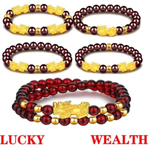 Garnet Gold Pixiu Bracelet Unisex Charm Red Agate Bracelet Female Boutique Golden Apple Wristband Gold Fortune Lucky Bracelet