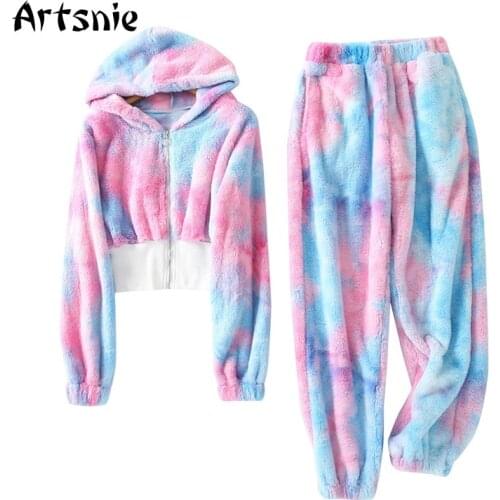 Artsnie Winter Warm Two Piece Set Women Fleece Hooded Sweatshirts High Waist Pants Tracksuit Pajama Sleepwear Two Piece Set