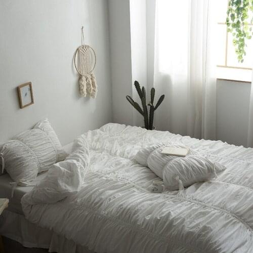 White Pink Purple 100%Cotton Soft Pinch Pleated Bedding Set Duvet Cover Pintuck Ruffled Queen King size Bedding Sets Bed sheet