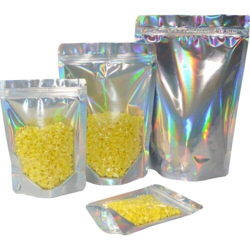 Free shipping 100pcs laser Holograms color plastic Stand Up zip lock Bag pouch foil bags holographic silver zip bag