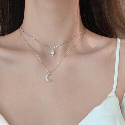 ModaOne Double Star Moon Silver Color Cubic Zirconia Clavicle Chain Necklace For Women Girls Simple Dainty Trendy Jewelry