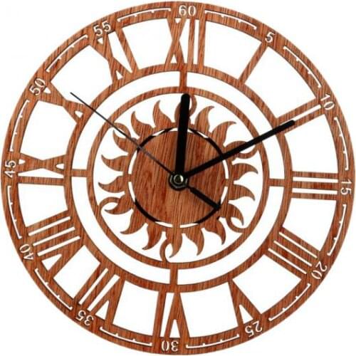 Sun Pattern Retro Style Wooden Wall Clock Non-ticking Silent Clock Decor