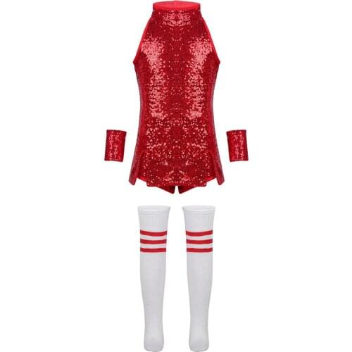 Kids Girls Cheerleader Costume Outfits Shiny Sequins Hip-Hop Jazz Dance Clothes Sleeveless Tank Top Shorts Wristcuffs Socks Set