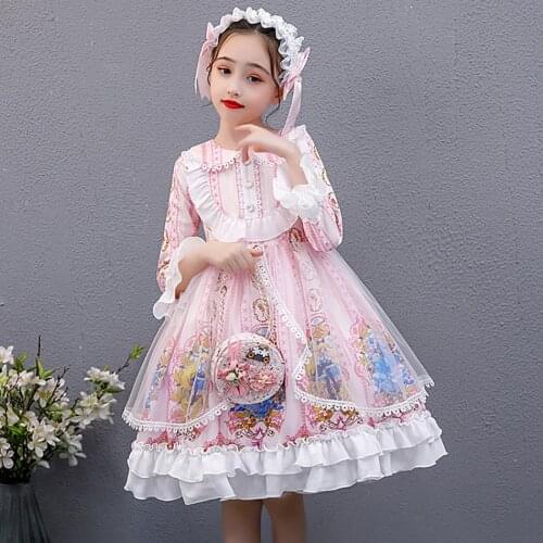 Kidswant Girl Lolita Dress Princess Lace Ball Gown Wedding Party Costume with Lace Headband Bowknot Birthday Gift