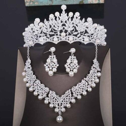 Elegant Pearl Wedding Crown Bridal Head Piece Pearl Tiara Jewelry Women Hair Accessories Set Rhinestone Headpiece Pageant Crown