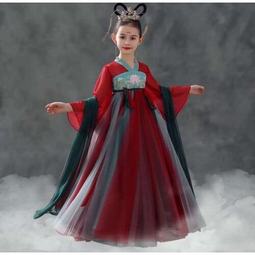 Toddler Chinese Folk Dance Costumes Oriental Retro Hanfu Embroidery Kids Tang Suit Performance Outfit Chinese Dress For Girls