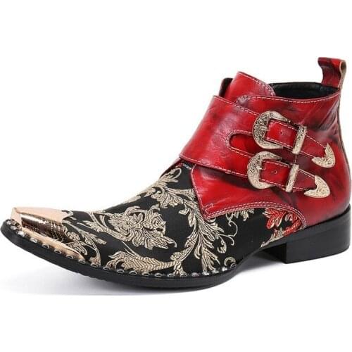 2021 New Style Punk Genuine Leather Mens Ankle Boots printing Mens Military Cowboy zipper Boots High Top Red Men Dress Boots