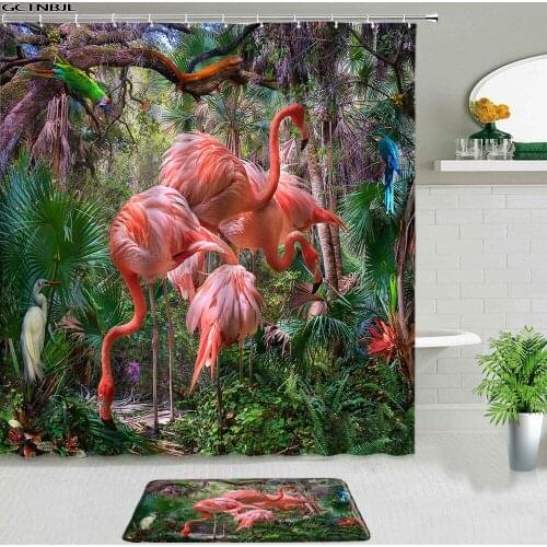 Tropical Jungle Flamingo Shower Curtains Set Bath Mats Non-slip Rug Bathroom Screen Room Decoration Entrance Door Mat With Hooks