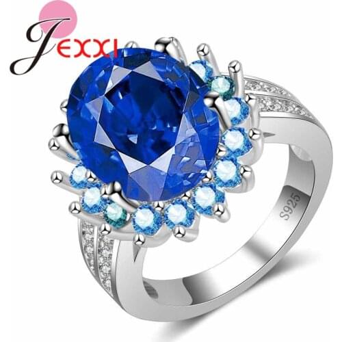 Latest Luxury Women Finger Rings Big Zircon Around Blue Crystal Jewelry for Wedding Party Hot 925 Sterling Silver Bague