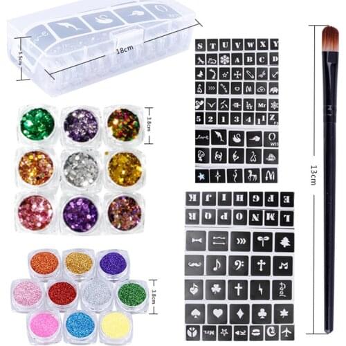 New Kids Temporary Glitter Tattoo Kits 22pcs Glitter Colors Tattoo Stencils Brushes Glue Temporary Face Body Painting Art Tools