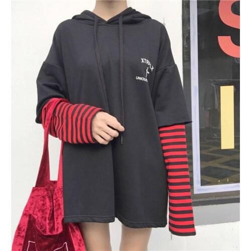 2019 Autumn Women Sweatshirt Fake Two-piece Patchwork Loose Hooded Pullover Long Sleeve Casual Striped Casual Hoodies