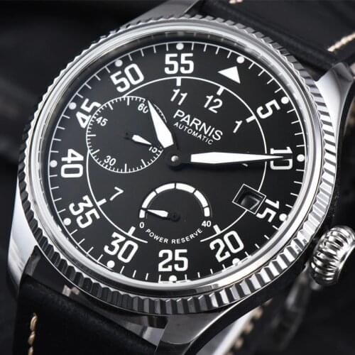 Parnis 45mm Dial Automatic Mechanical Mens Watch Leather Strap Luxury Brand Waterproof Men Wrist Watches Power Reserve Clock