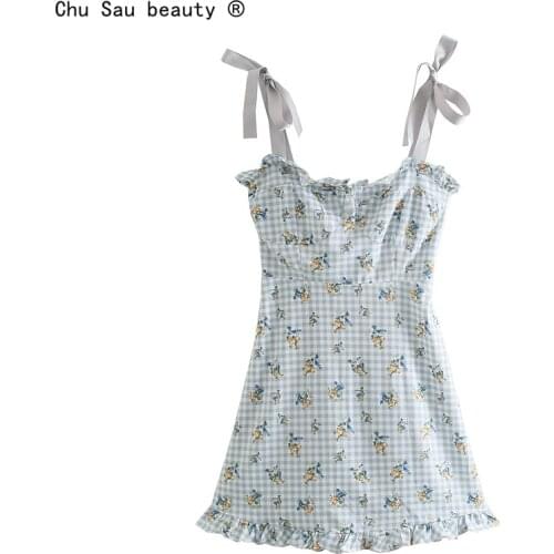 French Sweet Vintage Plaid Print Lace-Up Spaghetti Strap Ruffle 2021 Summer New Holiday Style High Waist Dress Women Vestido