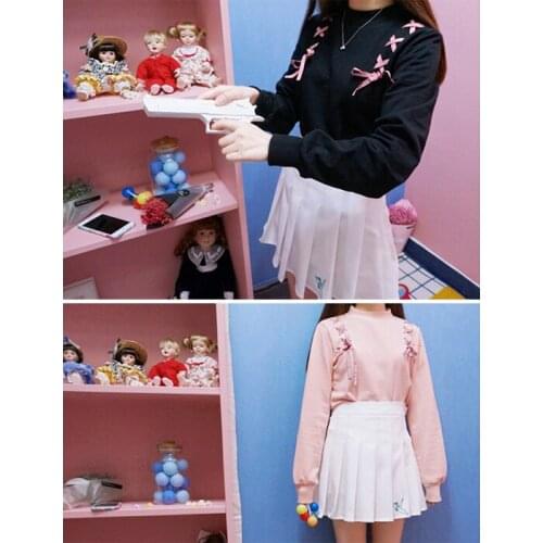 Cute Girls Plaid Checks Ribbon Tie Casual Long Sleeve T-shirt Winter Underwear Shirt Cotton Blend Tops Pullover PINK & Black