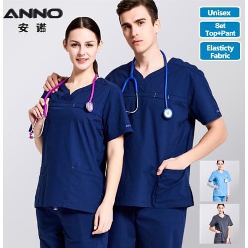 ANNO Nursing Uniforms Elastic Spandex Clinics Suit Female Male Scrubs Hospital Clothing Breathable Cloth Heathy Beauty Wear