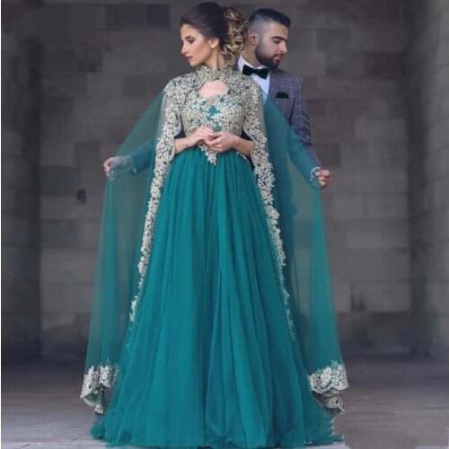 Green Muslim Evening Dresses 2020 A-line Tulle Appliques Lace Islamic Dubai Saudi Arabic Long Elegant Formal Evening Gown