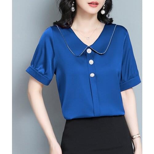 New Satin Large Size 3XL Solid Women Soft Slim Summer Button Office Lady Shirts Workwear Female Blusa Vintage Tops Blouses