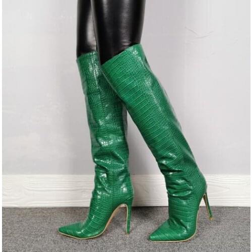 Dipsloot Woman Green Pointed Toe Stiletto Heel Knee High Boots Python Leather Real Photos Elegant Slip On High Heels Long Boots