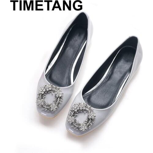 TIMETANG Womens Rhinestones Square Head flats shoes leather Fashion square Toe round Metal Buckle Comfortable Women Casual C112