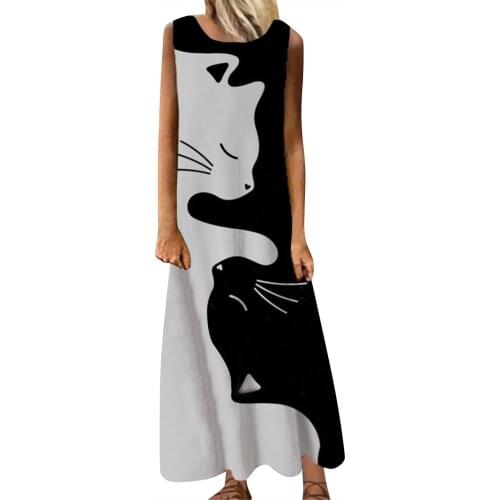 Summer Women Cat Print Casual Dress Plus Size Sleeveless O Neck Elegant Dresses For Women Clothing Vestidos Mujer Verano 2021