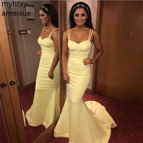 Simple Mermaid 2021 Evening Dresses Spaghetti Straps Yellow Color Long Formal Party Gowns Sweep Train Cheap Satin Robe De Soiree