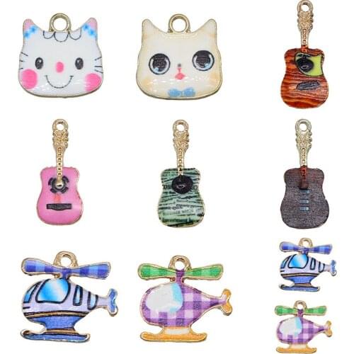 5pcs pink Enamel cat animal guitar airplane shape alloy pendant DIY bracelet necklace metal jewelry findings accessories wholesa