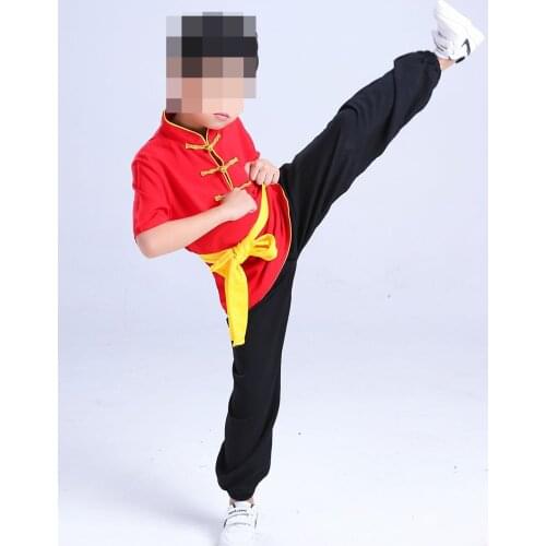 Kids Pure cotton kung fu short sleeve suits children martial arts clothing tai chi uniforms red+black high quality