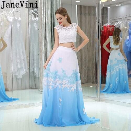 JaneVini 2019 Gradient Long Homecoming Dresses for Juniors Blue 2 Piece White Lace Appliques Beaded Chiffon Party Formal Gowns