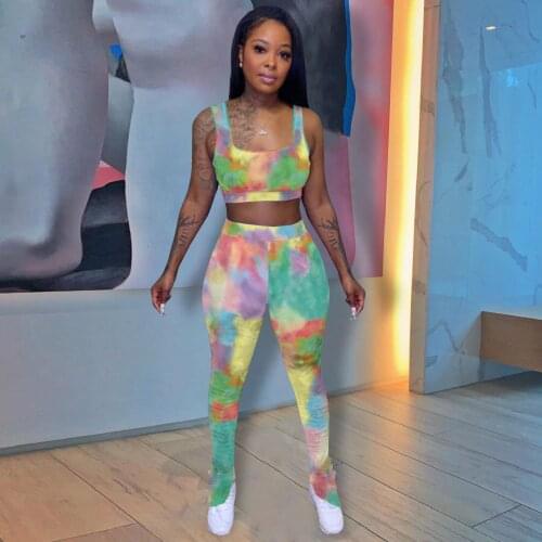 Women Multicolor Tie Dye Suit Sleeveless Slash Neck Open Navel Vest High Waist Bodycon Split Pencil Pants Two-piece Set Hot Sale