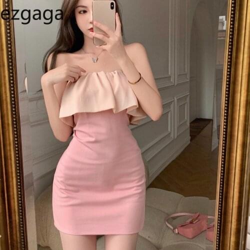 Ezgaga French Style Ruffles Slash Neck Dress Women Strapless Summer 2021 Backless Ruched Patchwork Sexy Bodycon Ladies Vestidos