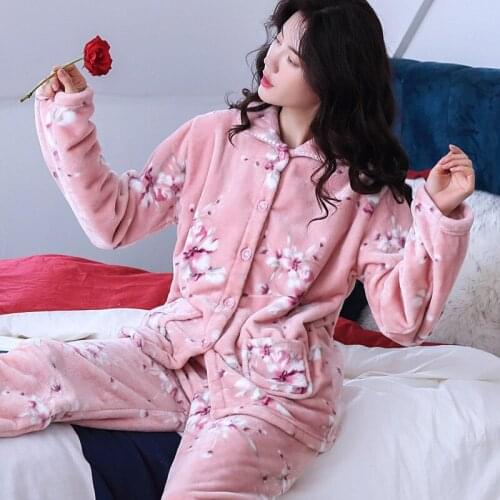 H5821 Women Pajamas Suit Female Thickened Coral Velvet Mother Loose Home Wear Flannel Long Sleeve Autumn Winter Warm Nightwear