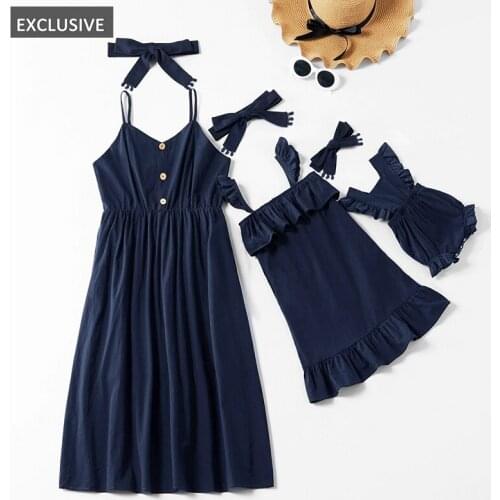 Mommy Baby Rompers Butoon Mother Daughter Dresses Sleeveless Blue Pink Strapless Clothing for Family Matching Clothes Bowtie