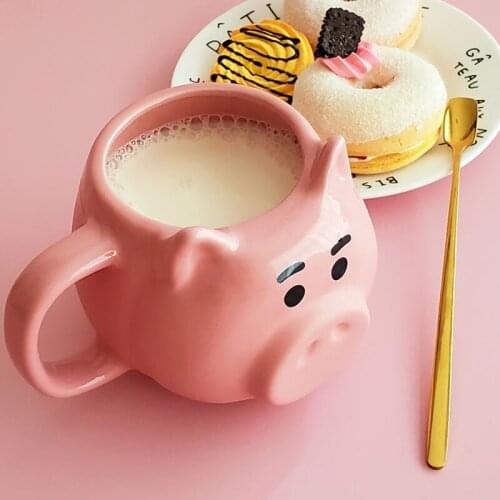 Creativity Pink Pig Shape Coffee Mug Large Capacity Breakfast Milk Tea Oatmeal Cups With Handle Spoon Insulated Drinkware